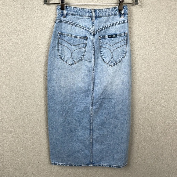 New Rollas Sailor Skirt Mid Vintage Blue Pencil Midi Button Front Slit Denim 24 - Picture 6 of 13